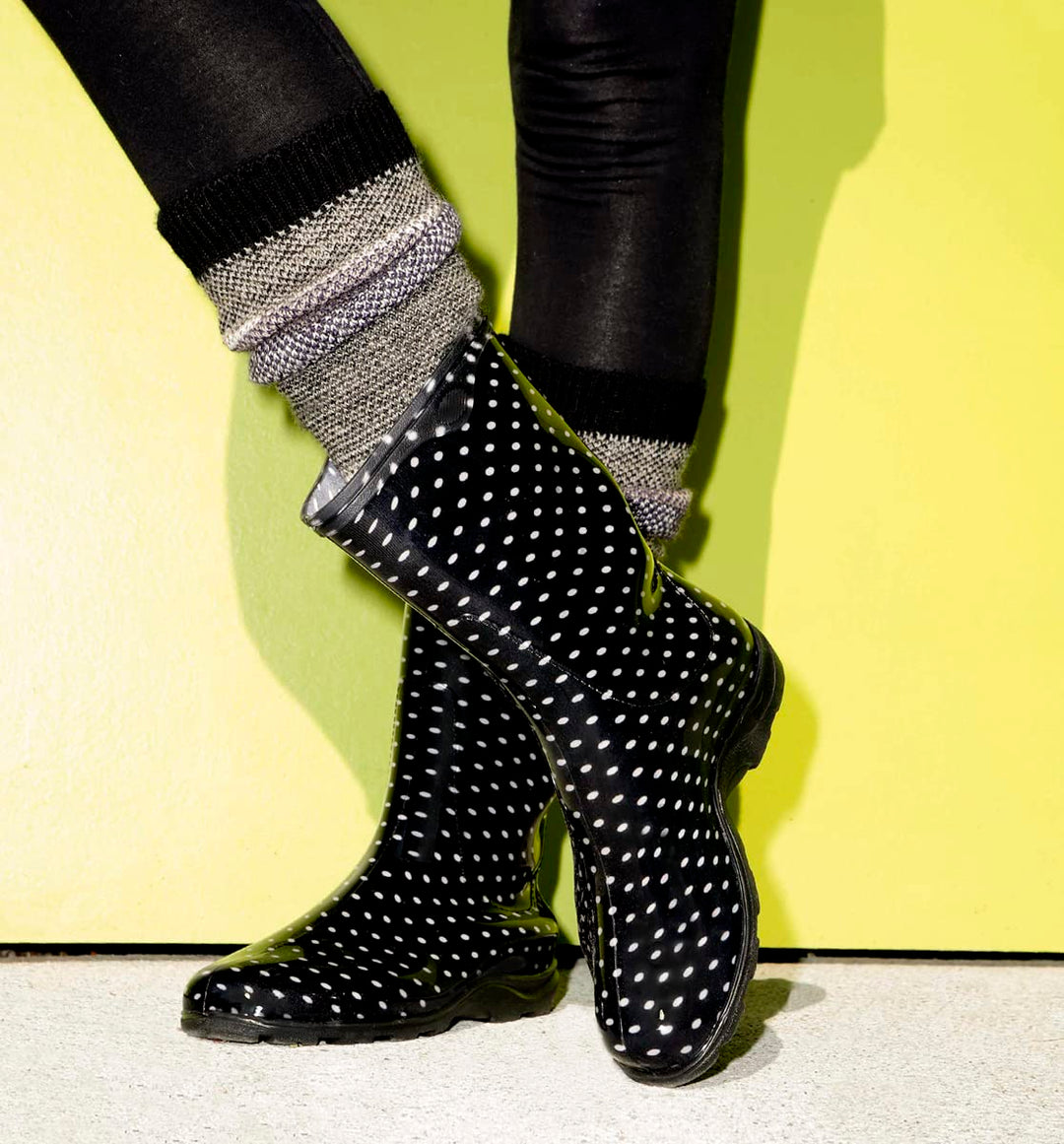 Sloggers Waterproof Garden Rain Boots for Women -(Polka Dot Black), (Size 9)