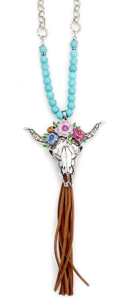 Wyo-Horse Jewelry Floral Steer Skull and Leather Tassel Pendant with Turquoise Bead Necklace