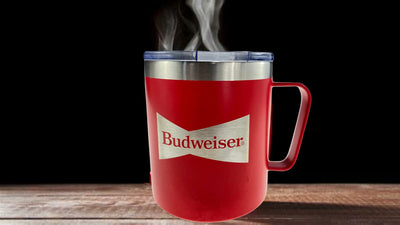 Budweiser 14oz Stainless Steel Insulated Mug with Handle, Double Wall Travel Mug, Tumbler Cup with Sliding Lid. Perfect for Hot and Cold Beverages. Tailgating, Pool or BBQ