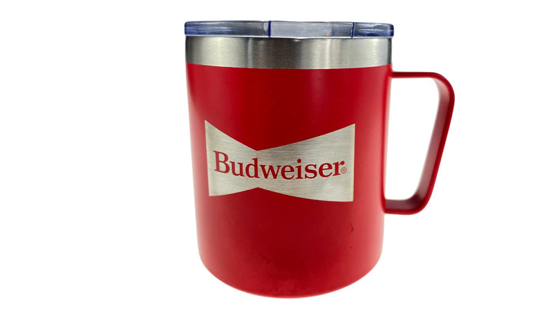 Budweiser 14oz Stainless Steel Insulated Mug with Handle, Double Wall Travel Mug, Tumbler Cup with Sliding Lid. Perfect for Hot and Cold Beverages. Tailgating, Pool or BBQ