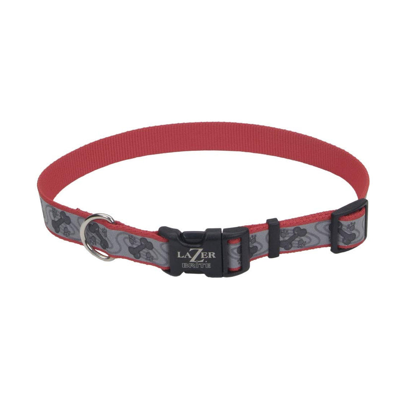 Coastal - Lazer Brite - Reflective Adjustable Dog Collar, Red Paws and Bones, 1" x 18"-26"