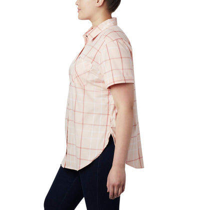 Columbia Women's Anytime Casual Stretch Short Sleeve Shirt, Peach Cloud Multi Windowpane, Large