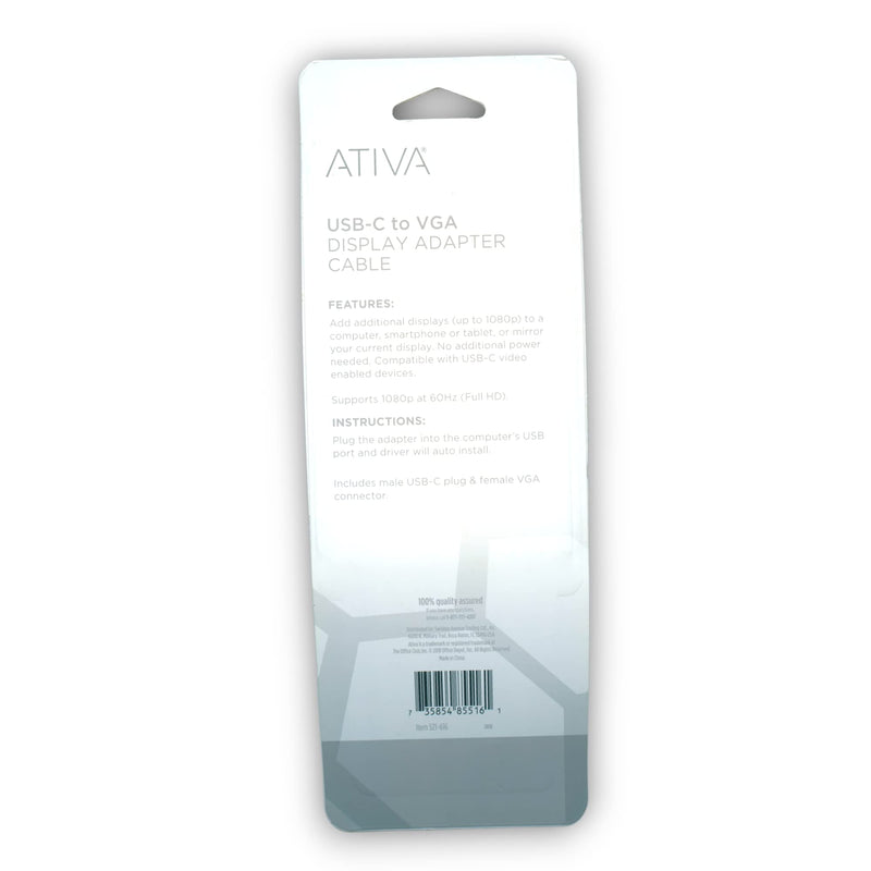 ATIVA USB-C to VGA Adapter, White, 41509 Video Converter for Modern Devices