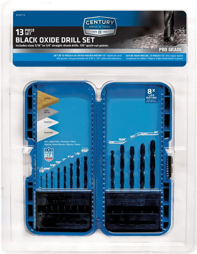 Century Drill & Tool 24713 Pro Grade Black Oxide Drill Set, 13 Piece, Made in the USA