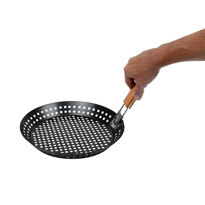 Mr. Bar-B-Q Heavy Duty Non-Stick Grilling Skillet Basket 12", Removable Wooden Handle, Rust Resistant Grill Pan for BBQ Grill, Outdoor Cooking & Camping Essentials for Seafood & Vegetables - 06750X