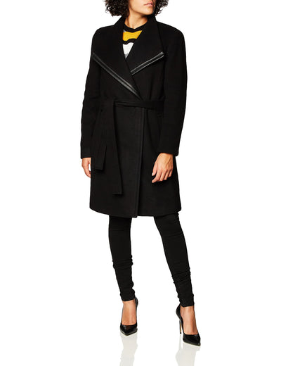 Calvin Klein Womens Belted wrap Wool Coat, Black, 14