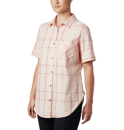 Columbia Women's Anytime Casual Stretch Short Sleeve Shirt, Peach Cloud Multi Windowpane, Large