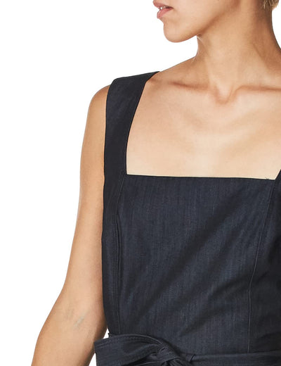 Calvin Klein Women's Sleeveless Square Neck Fit & Flare with Self Tie Belt Dress, Denim Blue, 4