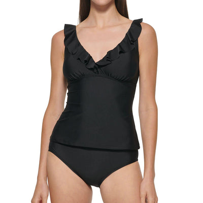 DKNY Women's 2 Piece Ruffled Tankini Swimsuit (Black, S)
