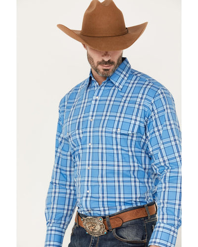 Wrangler Men's Plaid Print Long Sleeve Pearl Snap Western Shirt Blue Medium