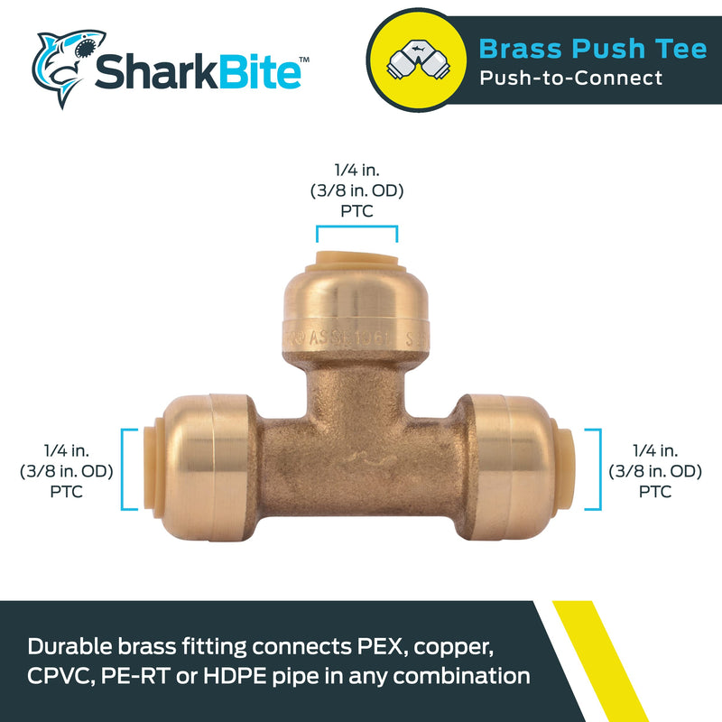 SharkBite 1/4 Inch (3/8 Inch OD) Tee, Push to Connect Brass Plumbing Fitting, PEX Pipe, Copper, CPVC, PE-RT, HDPE, U358LFA