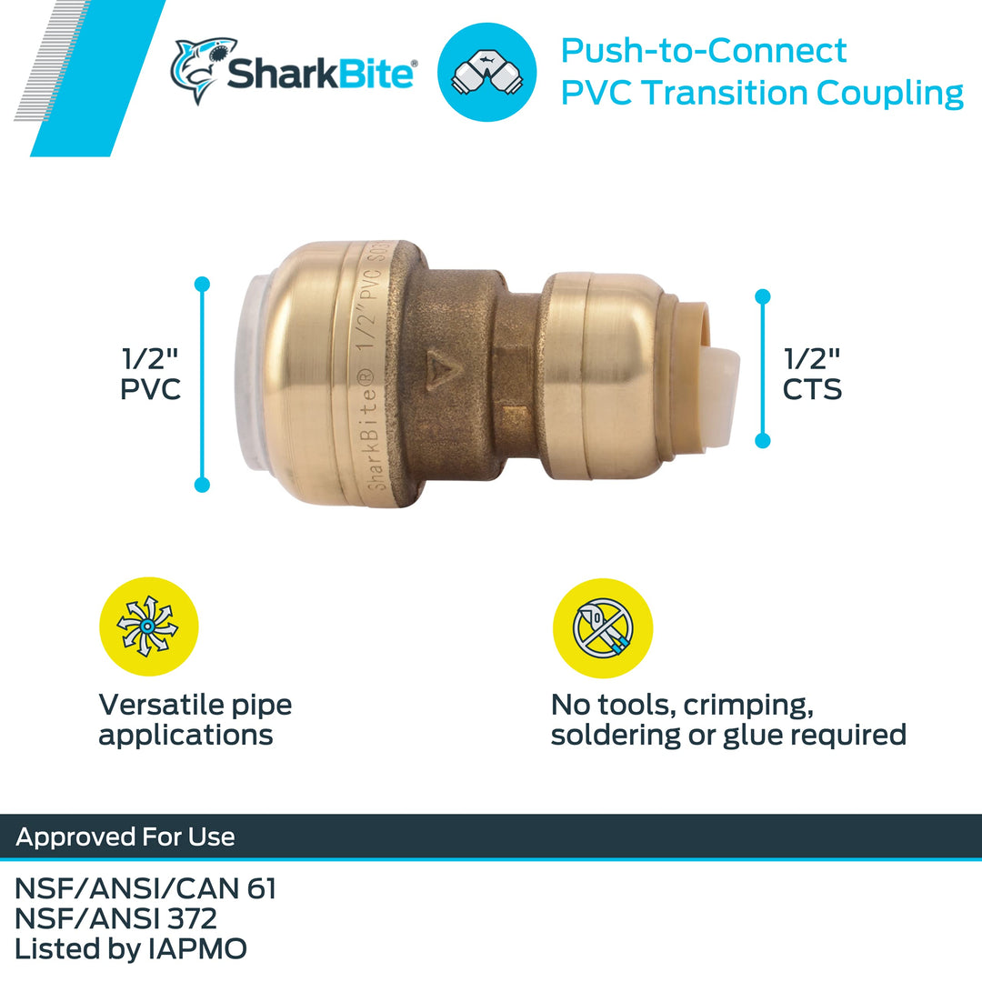 SharkBite 1/2 Inch CTS x 1/2 Inch PVC Transition Coupling, UIP4008A