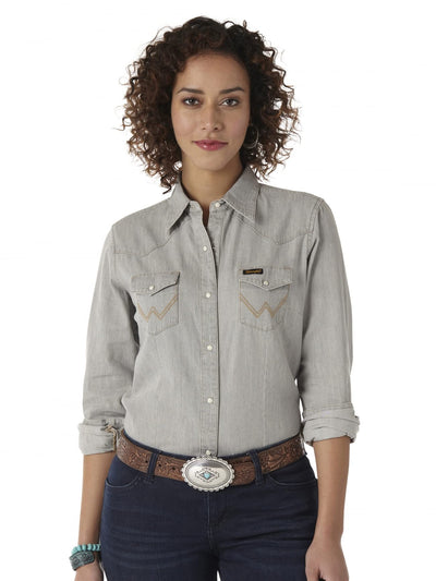 Wrangler Women's Long Sleeve Snap Front Denim Western Shirt, Grey Denim, XL