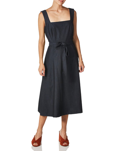 Calvin Klein Women's Sleeveless Square Neck Fit & Flare with Self Tie Belt Dress, Denim Blue, 4