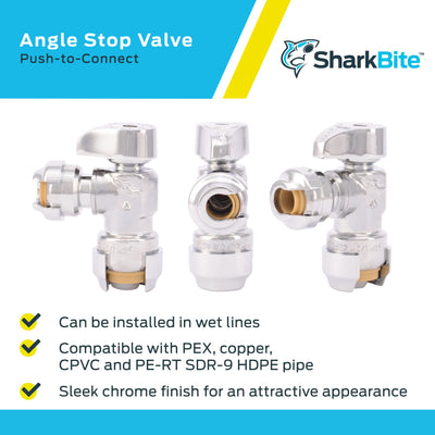 SharkBite 1/2 x 1/4 Inch (3/8 Inch OD) Compression Angle Stop Valve, Quarter Turn, Push to Connect Brass Plumbing Fitting, PEX Pipe, Copper, CPVC, PE-RT, HDPE, 23048-0000LF