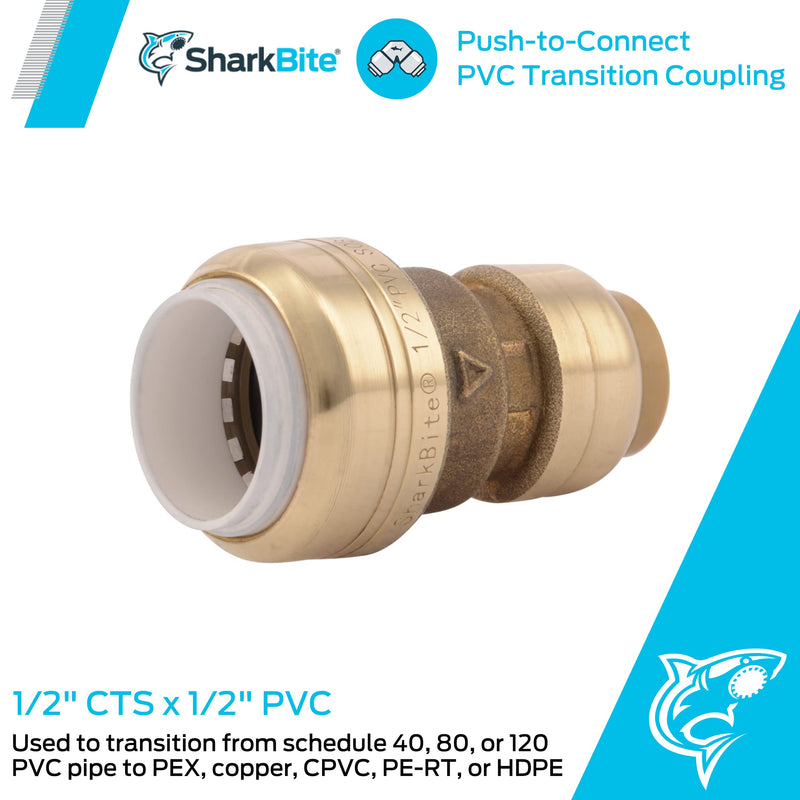 SharkBite 1/2 Inch CTS x 1/2 Inch PVC Transition Coupling, Push to Connect Brass Plumbing Fitting, PEX Pipe, Copper, CPVC, PE-RT, HDPE, UIP4008A