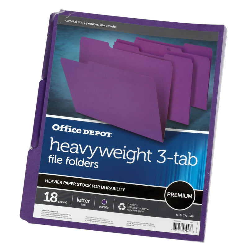 Office Depot� Brand Heavy-Duty Top-Tab File Folders, 3/4" Expansion, Letter Size, Purple, Pack of 18 Folders