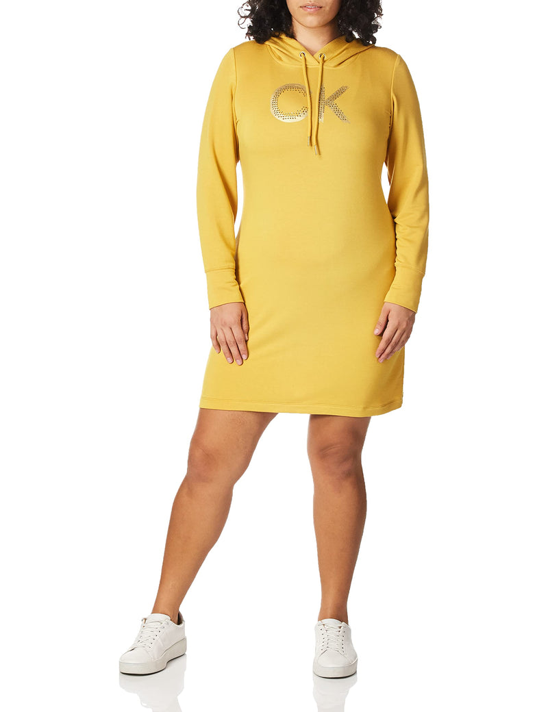 CALVIN KLEIN Womens Yellow Stretch Beaded Drawstring Hood Logo Graphic Long Sleeve Above The Knee Sweatshirt Dress XL