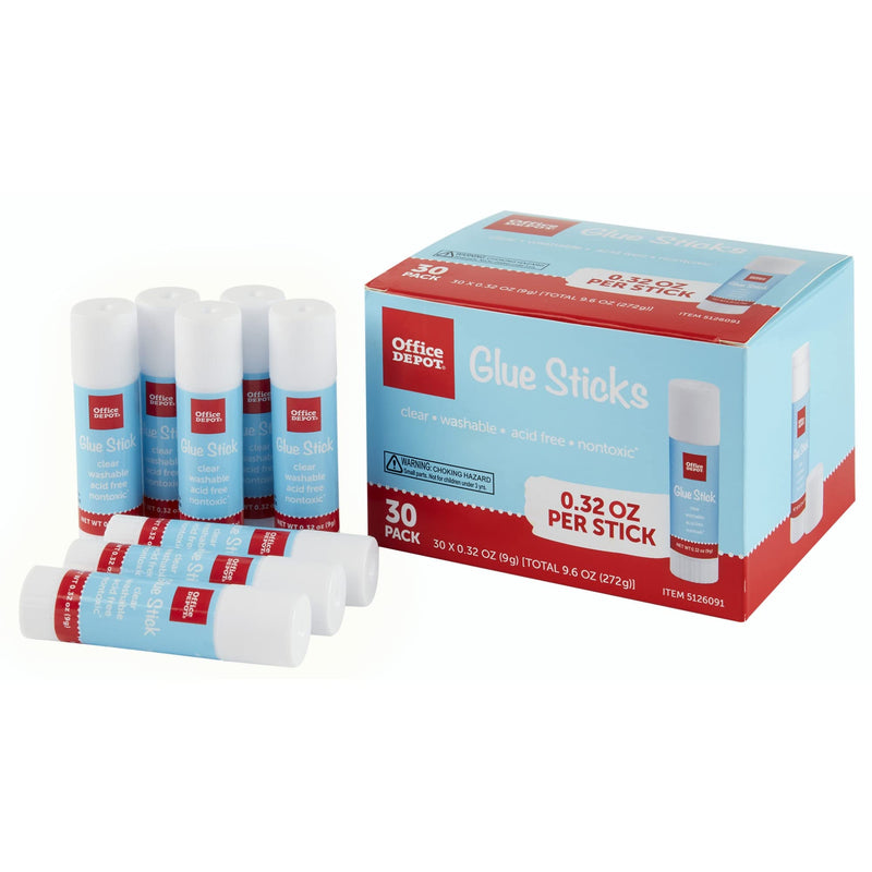 Office Depot Brand Glue Sticks, 0.32 Oz, Clear, Pack Of 30 Glue Sticks