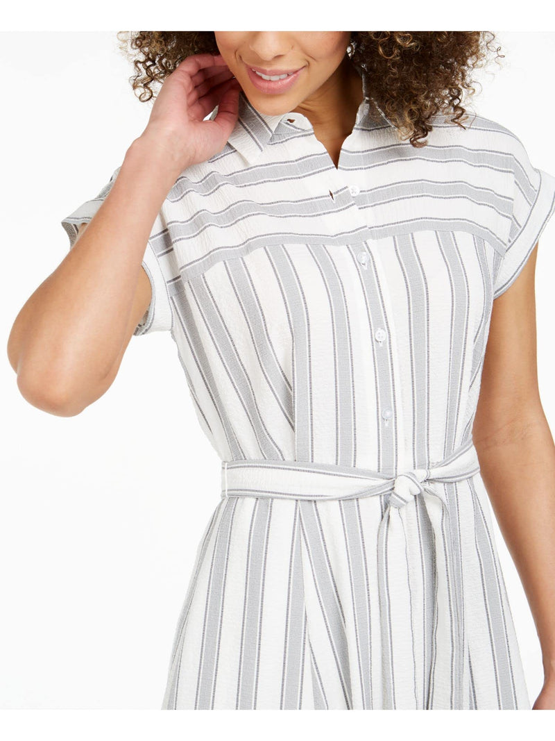 CALVIN KLEIN Womens White Pocketed Tie Striped Cap Sleeve Point Collar Midi Wear To Work Shirt Dress 2