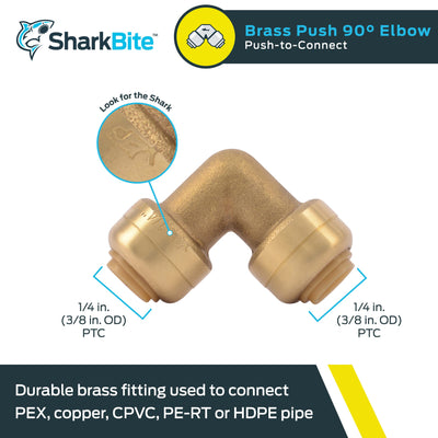 SharkBite 1/4 Inch (3/8 Inch OD) 90 Degree Elbow, Push to Connect Brass Fitting,