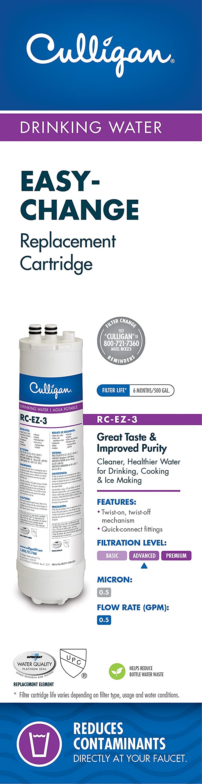 Culligan RC 3 EZ-Change Advanced Water Filtration Replacement, 500 Gallons