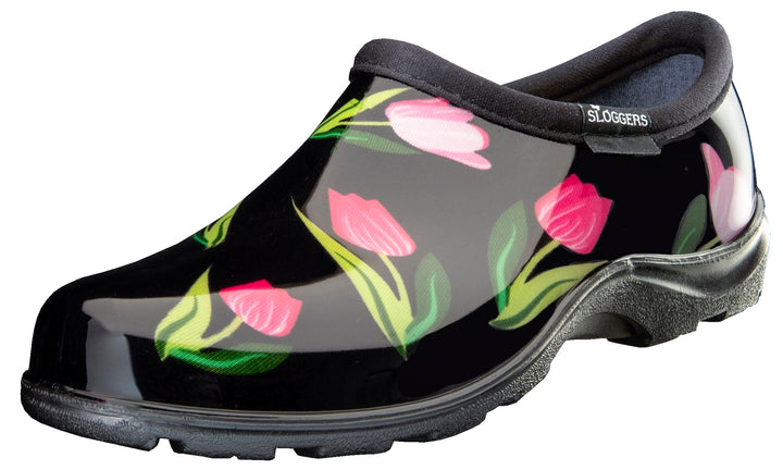 Sloggers Original Waterproof Rain and Garden Shoe for Women– Outdoor Slip-On Garden Clog - Made in The USA with Premium Comfort Insole and Arch Support - Tulip Black, Size 6