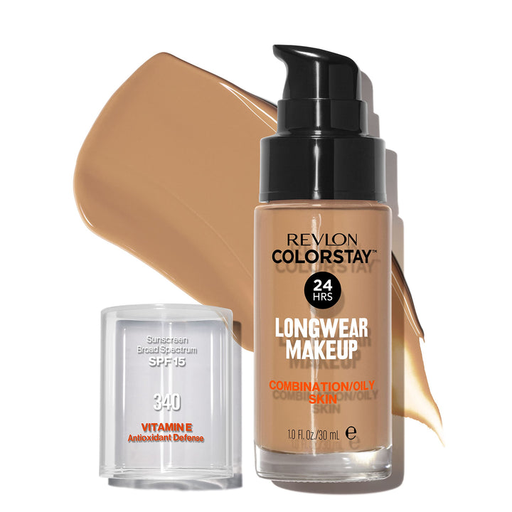 Revlon Liquid Foundation, ColorStay Face Makeup for Combination & Oily Skin, SPF 15, Medium-Full Coverage with Matte Finish, Early Tan (340), 1.0 oz