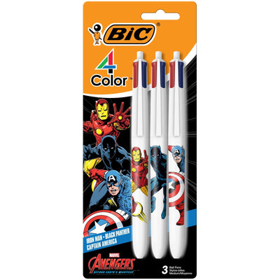 BIC� 4-Color Marvel's Avengers Edition Retractable Ball Pens, Pack Of 3 Pens, Medium Point, 1.0 mm, White Barrels, Assorted Ink Colors