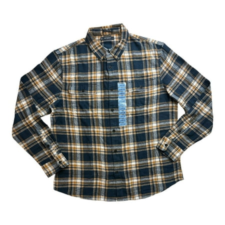 Lucky Brand Men s Button-Down Long Sleeve Flannel Shirt (Navy/Yellow Plaid  S)