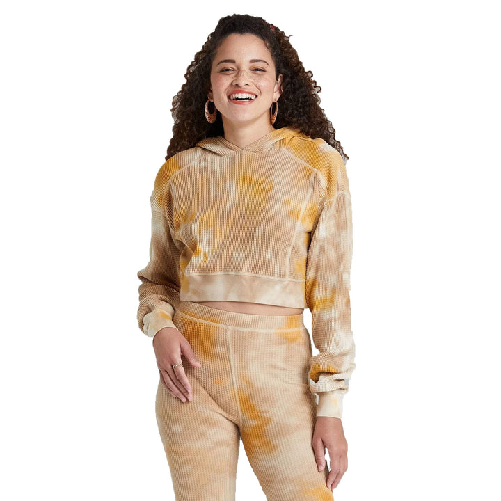 Wild Fable Women's Cropped Waffle Hoodie - (Tie Dye Brown, Large)