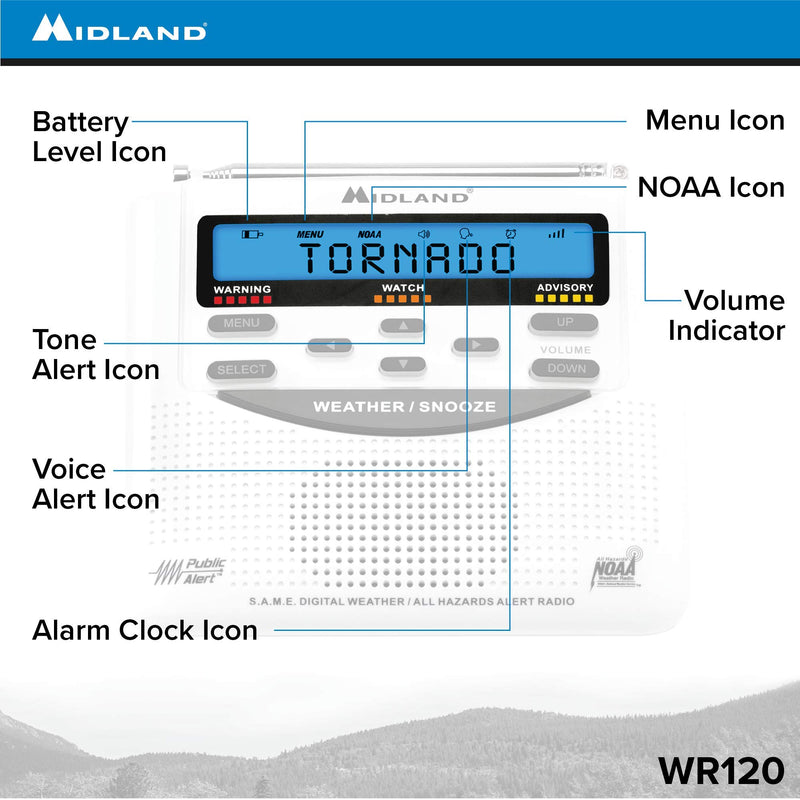 Midland - WR120, NOAA Emergency Weather Alert Radio - S.A.M.E. Localized Programming, Trilingual Display, 60+ Emergency Alerts, & Alarm Clock (WR120C - Clam Packaging)