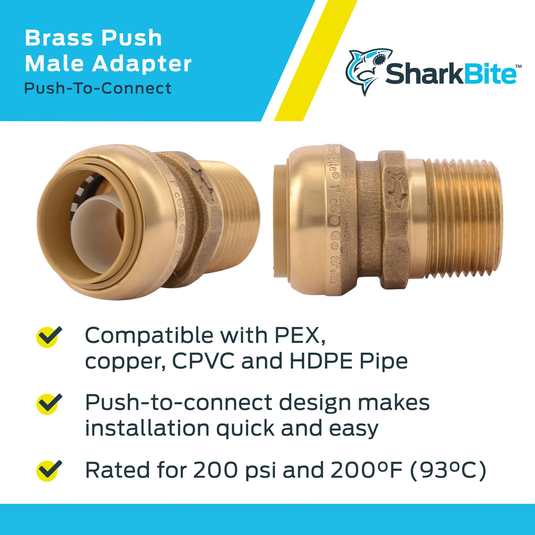 SharkBite 1 Inch MNPT Adapter, Push to Connect Brass Plumbing Fitting, PEX Pipe