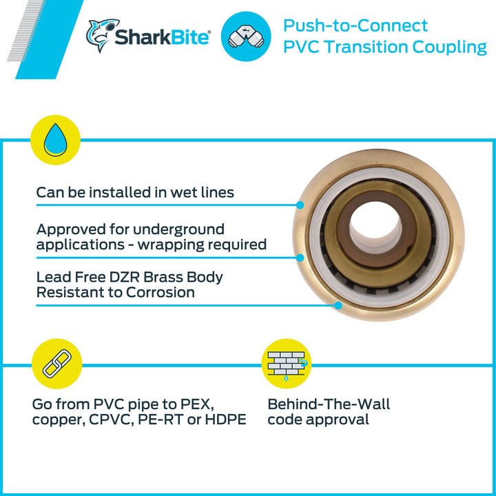 SharkBite 1/2 Inch CTS x 1/2 Inch PVC Transition Coupling, UIP4008A