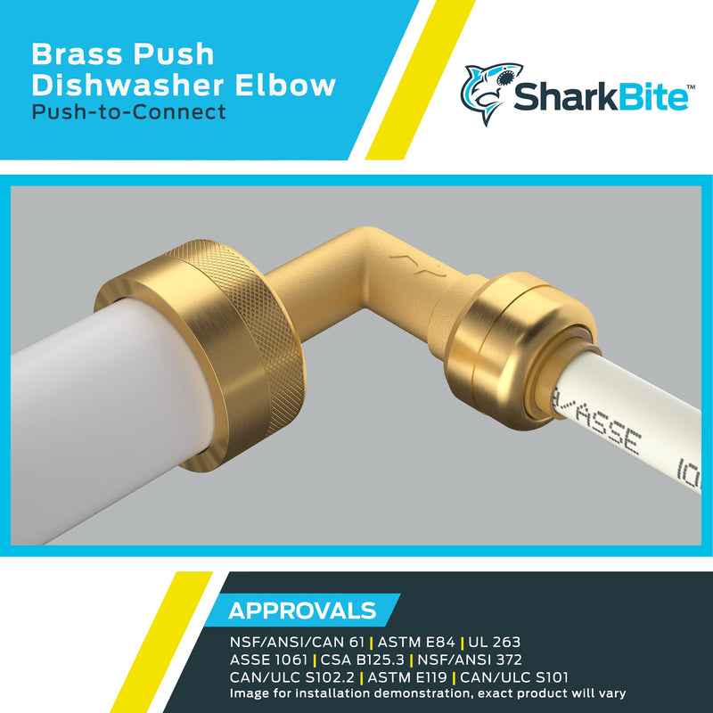 SharkBite 1/4 Inch x 3/8 Inch 90 Degree Dishwasher Elbow, MNPT, Push to Connect Brass Plumbing Fitting, PEX Pipe, Copper, CPVC, PE-RT, HDPE, U276LFA