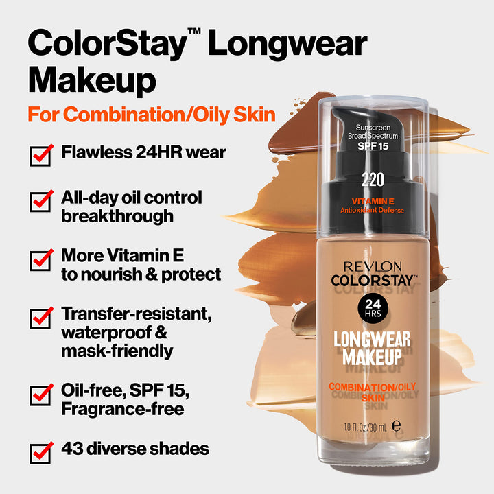 Revlon Liquid Foundation, ColorStay Face Makeup for Combination & Oily Skin, SPF 15, Medium-Full Coverage with Matte Finish, Early Tan (340), 1.0 oz
