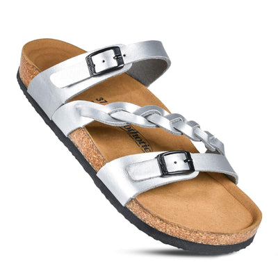 AEROTHOTIC Women's Arch Support Casual Strappy Slide Sandals (Viking Silver, 6)