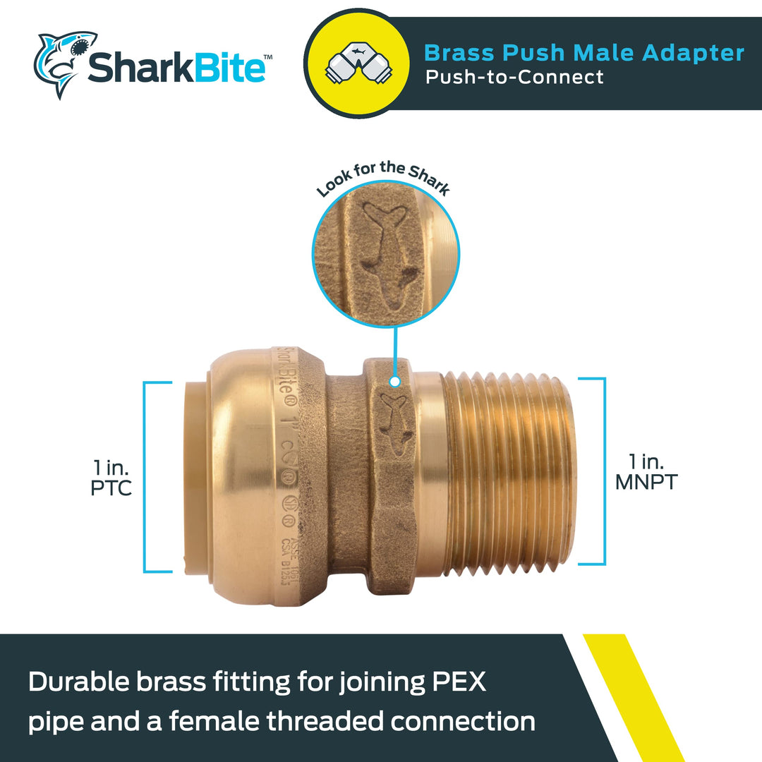 SharkBite 1 Inch MNPT Adapter, Push to Connect Brass Plumbing Fitting, PEX Pipe