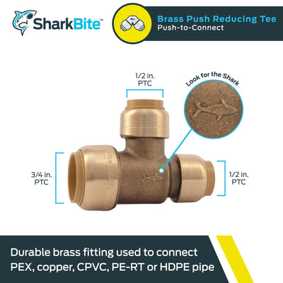 SharkBite 3/4 Inch x 1/2 Inch x 1/2 Inch Reducing Slip Tee, Push To Connect Brass Plumbing Fitting, PEX Pipe, Copper, CPVC, PE-RT, HDPE, U454LFA