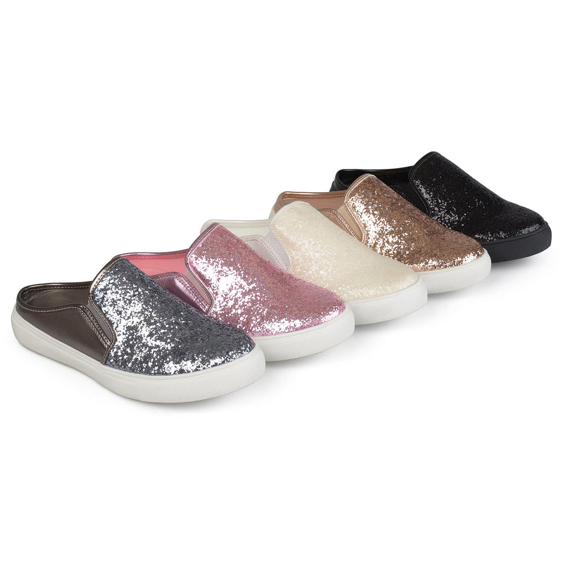 Brinley Co. Womens Glitter Faux Leather Slide Sneakers Pewter, 5.5 Regular US