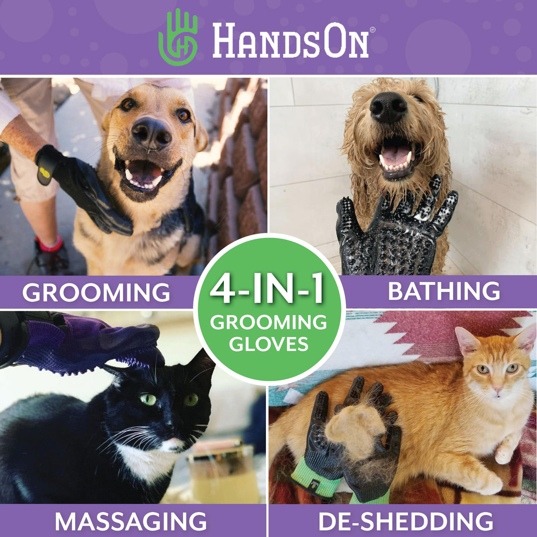 HandsOn Pet Grooming Gloves -Shedding, Bathing, & Hair Remover Gloves, BLCK, SM