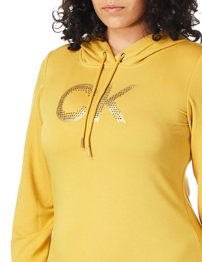 CALVIN KLEIN Womens Yellow Stretch Beaded Drawstring Hood Logo Graphic Long Sleeve Above The Knee Sweatshirt Dress XL