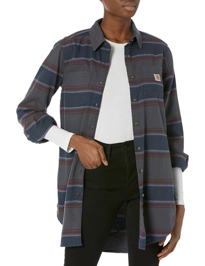 Carhartt Women's Rugged Flex Relaxed Fit Midweight Flannel Long-Sleeve Plaid Tunic, Shadow Stripe, Extra Small