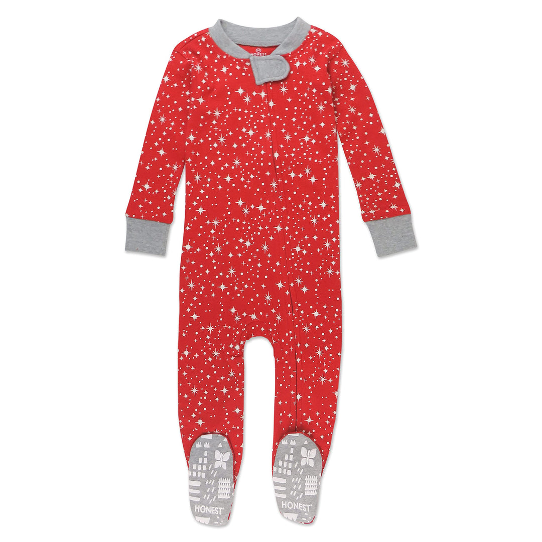 HonestBaby Non-Slip Footed Pajamas One-Piece Sleeper Jumpsuit Zip-Front PJs 100% Organic Cotton for Baby Girls, Twinkle Star Red, 24 Months