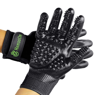 HandsOn Pet Grooming Gloves -Shedding, Bathing, & Hair Remover Gloves, BLCK, SM