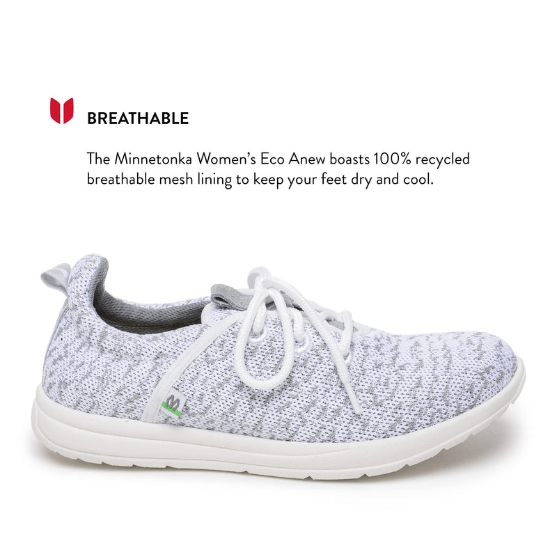Minnetonka Women�s Eco Anew - Knit Casual Sneakers Designed with 70% Recycled Sugarcane EVA, Recycled Fabric, 100% Repurposed Breathable Mesh Lining, and Ortholite EcoPlush Recycled Insole White