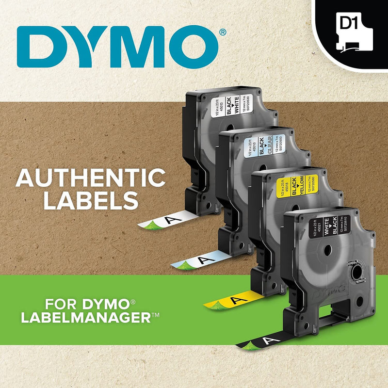 DYMO D1 Labels for DYMO LabelManager Label Makers, Black-On-White Permanent Plastic Tape, 1/2-Inch x 18-Foot Roll