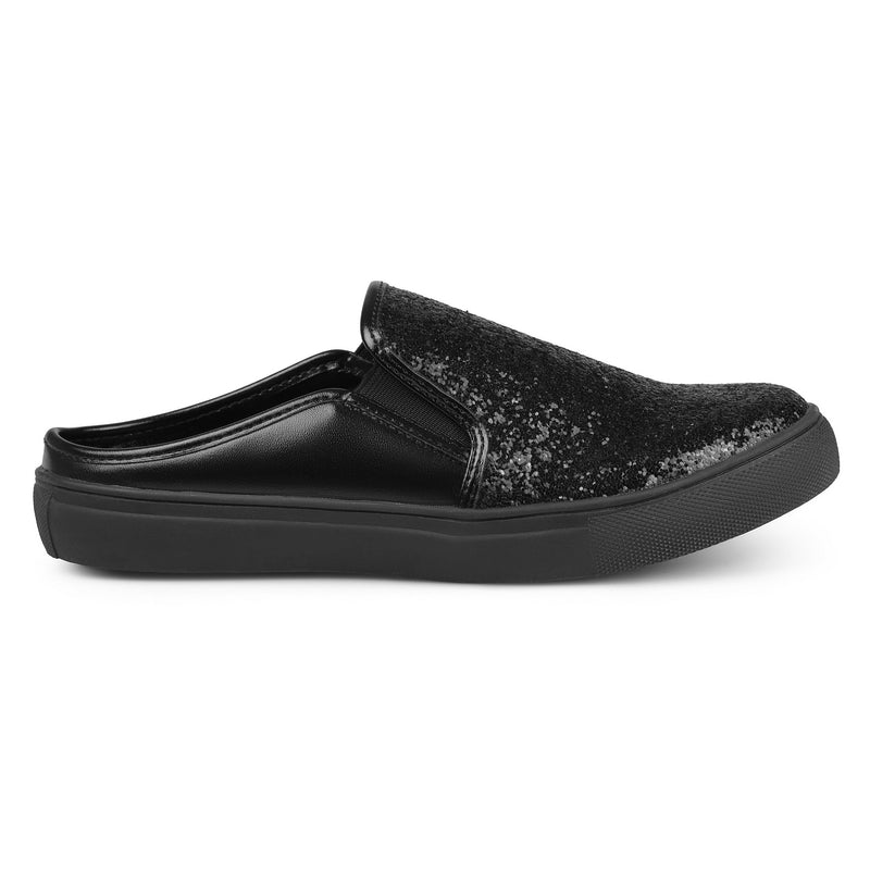 Brinley Co. Womens Glitter Faux Leather Slide Sneakers Pewter, 5.5 Regular US
