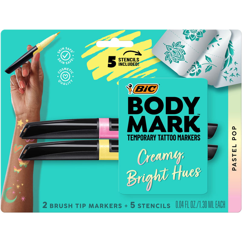 BIC BodyMark Temporary Tattoo Markers, Flexible Brush Tips, Black Barrels, Pastel Pink And Yellow Ink, Pack Of 2 Markers