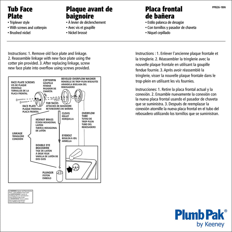 Plumb Pak PP826-1BN 2-Hole Trip Lever Style Tub Face Plate with Screw, for Use with Bath Drain, Brushed Nickel, 72 Piece